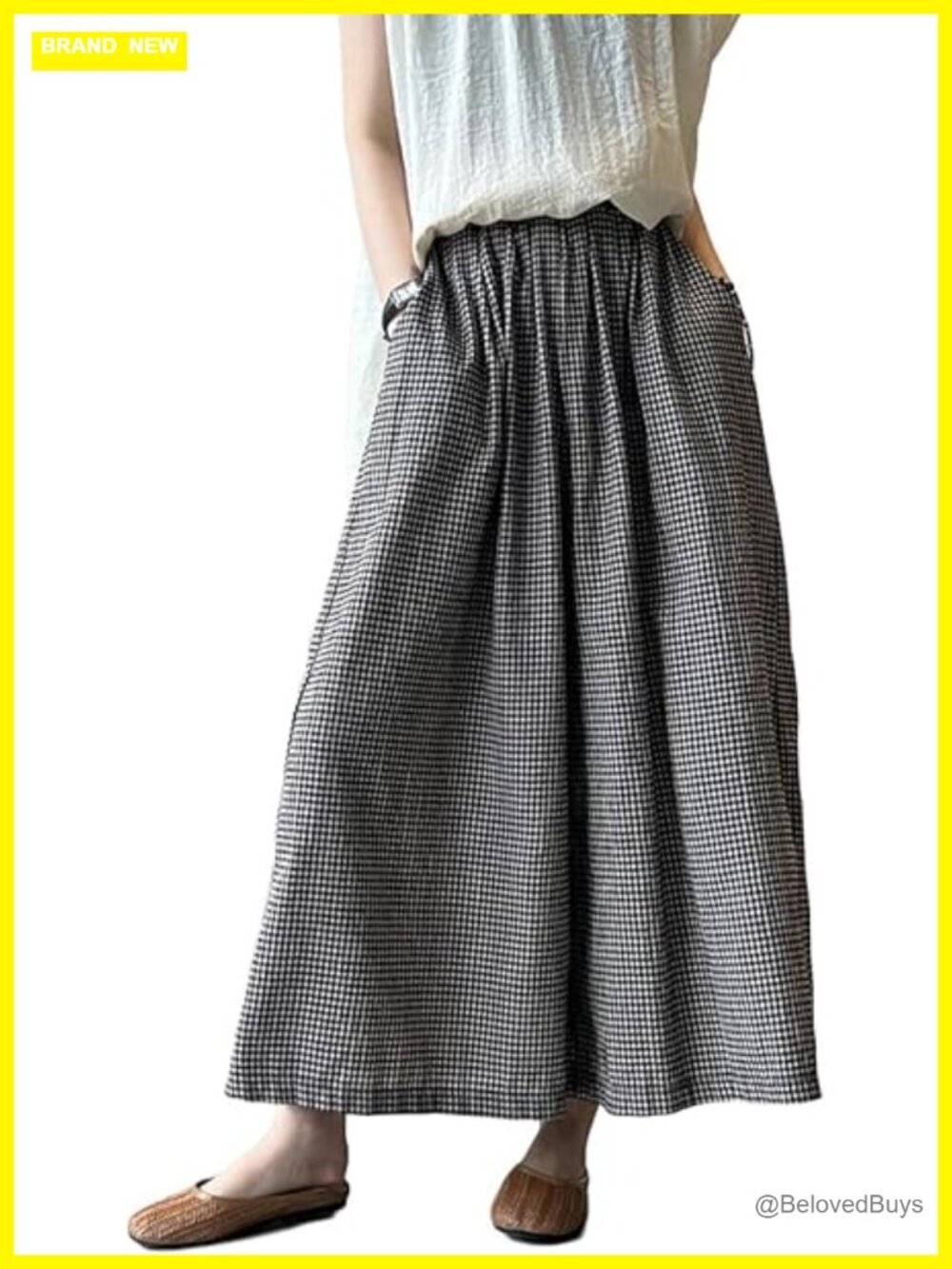 Cotton Linen Elastic Waist Wide Leg Palazzo Pants with Pockets